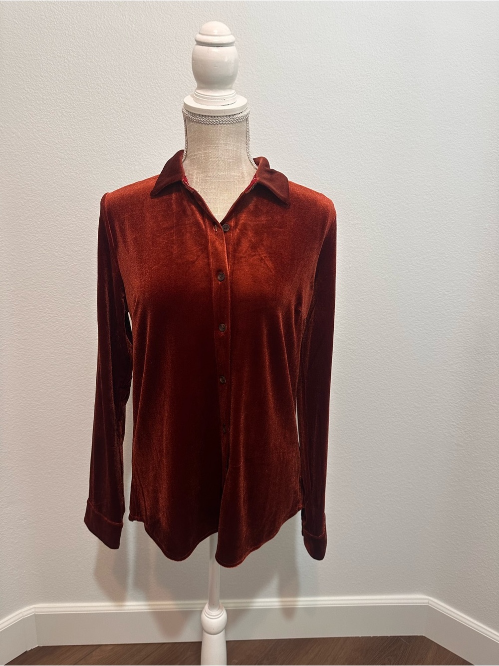 Skies Are Blue Velvet Button-Down Shirt in Rust Brown
